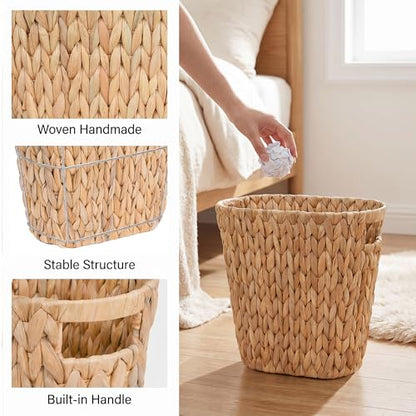 iEGrow 2 Pack Wicker Trash Can, Wicker Waste Basket for Bathroom, Woven Water Hyacinth Wicker Boho Garbage Can Built-in Handles for Bedroom, Office, Decor Home, Kitchen, Living Room (Oval)