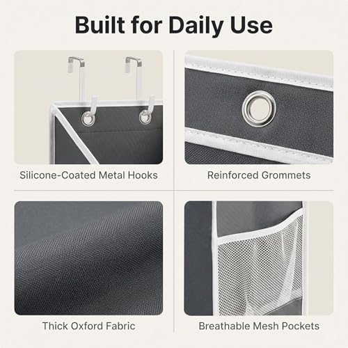 Over the Door Organizer, 10-Pocket Heavy Duty Hanging Storage Bag | 600D Oxford hanging door organizer with 10 front pockets, 10 side mesh pockets, four silicone-padded hooks and 80 lb capacity