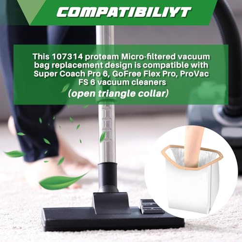 Therwen 30 Pcs Micro Filter Bags Replacement Compatible with Proteam 107314 6 Qt Cleaner Backpack Vacuum Cleaner Open Triangular Collar, White