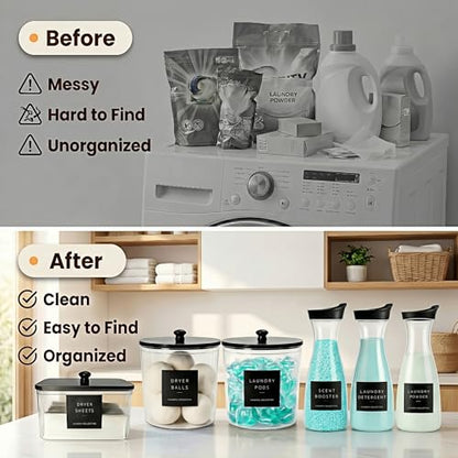 Laundry Room Organization Set, 3 Containers, 3 Dispensers, Black | 3 liquid laundry detergent dispensers, 2 laundry pods containers, 1 dryer sheet holder, with wood lids, labels and scoops