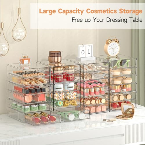 DOMNIU Acrylic Makeup Drawer Storage Organizer with 24 Drawers, 4 Set | Office Desk Organization and Storage, Dustproof Drawer Organizer for Makeup, Countertop, Jewelry, Desktop, Bathroom, Bedroom