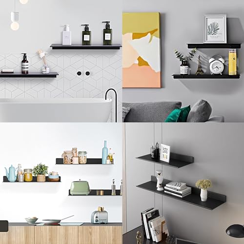 Adhesive Bathroom Shelves 2 Pack, Black Floating Wall Shelf 40cm | Metal Shower Caddy, Aerospace Aluminum, Renter-friendly, Rustproof & Waterproof, Drill/No Drill, Supports 5kg