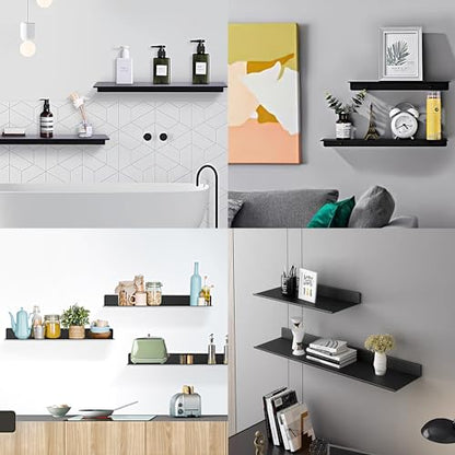 Adhesive Bathroom Shelves 2 Pack, Black Floating Wall Shelf 40cm | Metal Shower Caddy, Aerospace Aluminum, Renter-friendly, Rustproof & Waterproof, Drill/No Drill, Supports 5kg
