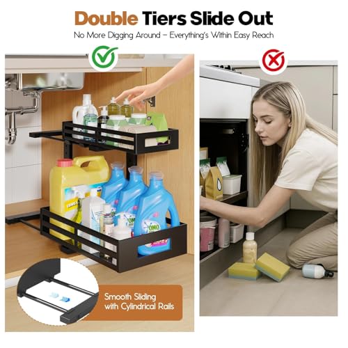 2-Pack Under Sink Organizer and Storage,2-Tier L Shape Pull Out Cabinet Organizer With Round Tube Slide Rails,Hight Adjustable Slide Out Drawers for Kitchen&Bathroom,Multi-Purpose Shelf-Black