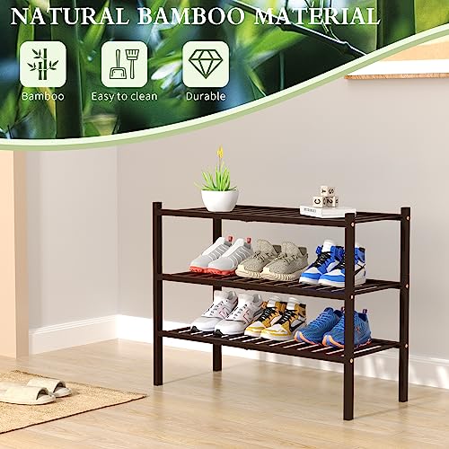 ROMGUAR CRAFT 3 Tier Bamboo Shoe Rack for Closet Free Standing Wood Shoe Shelf for Entryway Small Space Stackable 27"x11"x20" (Brown)