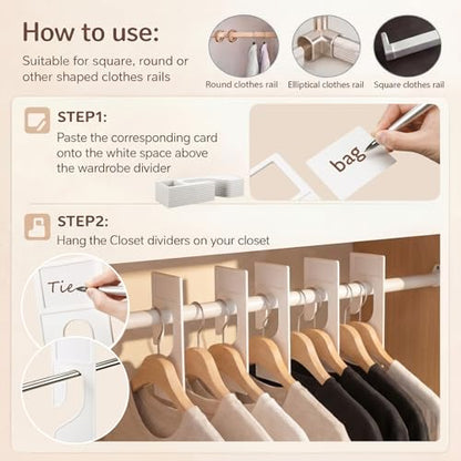 Leinuosen 25 Pack Clothing Rack Size Dividers with Labels, Large Rectangular Clothing Closet Dividers Plastic Size Label Hangers for Sorting Clothes Color, Brand (White)