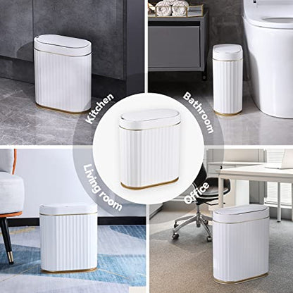ELPHECO Bathroom Trash Can with Lid, 2 Gallon, Motion Sensor, White Gold | Automatic Garbage Can, IPX5 Waterproof Plastic Wastebasket, Trash Bin for Bathroom, Bedroom, Kitchen and Office