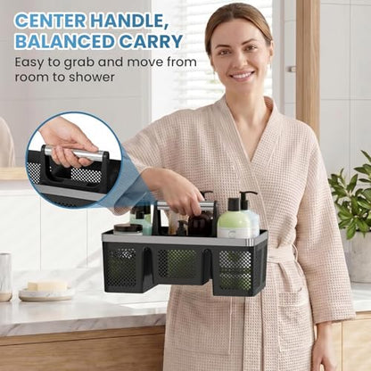 Plastic Shower Caddy Dorm: Portable Cleaning & Shower Caddy with Handle, 4 Divided Compartments, All-Side Drainage, Rigid Plastic Basket Tote for College Dorm & Bathroom Use, Black/Silver