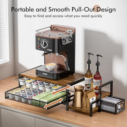 Coffee Bar Organizer for Countertop, Hold up 48 Pods, Black | 2-Tier K Cup Organizer for Countertop, K Cup Holder with Sliding Storage Drawer, Coffee Bar Station for Home & Office