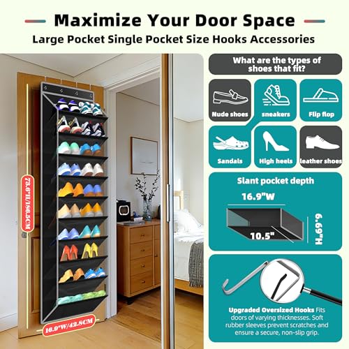 PAULONE 10-Pocket Multi-Use Over the Door Organizer, Heavy Duty 95lbs Capacity with Breathable Mesh, Versatile Hanging Storage for Shoes, Toys, Office Supplies-Classic (Black, 10-Shelf,)