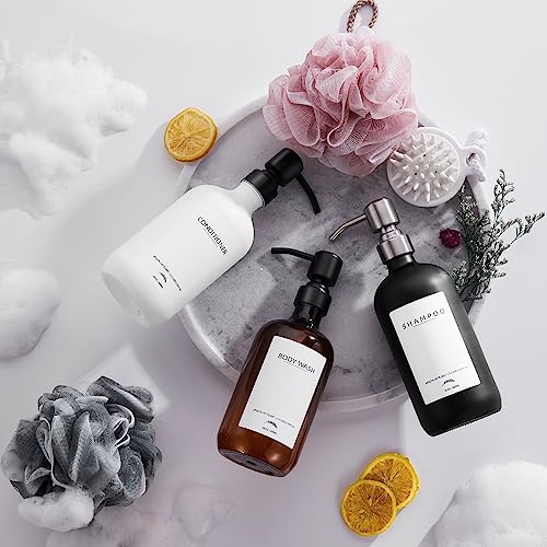 Shampoo Dispenser for Shower, No Drill Dispenser with Pump & Label | Shampoo and Conditioner Dispenser Wall Mount Set of 3, Pet Bottle Shower Soap Dispenser for Home Bathroom, Amber