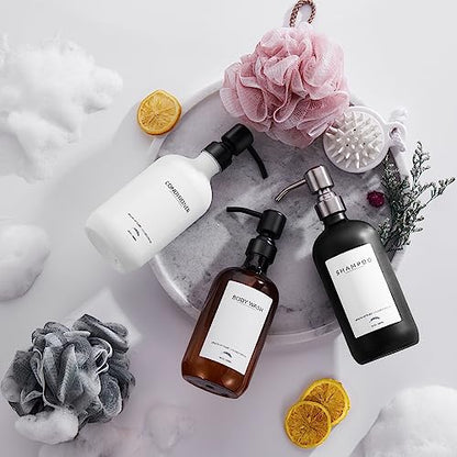 Shampoo Dispenser for Shower, No Drill Dispenser with Pump & Label | Shampoo and Conditioner Dispenser Wall Mount Set of 3, Pet Bottle Shower Soap Dispenser for Home Bathroom, Amber