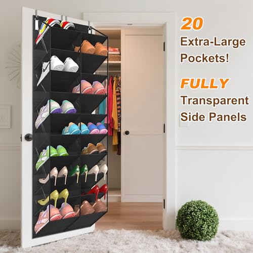 20-30 Pairs Over the Door Shoe Organizer, Clear Pockets Hanging Shoe Storage for Closet, 10-Tier Door Shoes Rack, Handing Shoes Holder Fit All the Family's Sneakers, Boots, Heels, Black