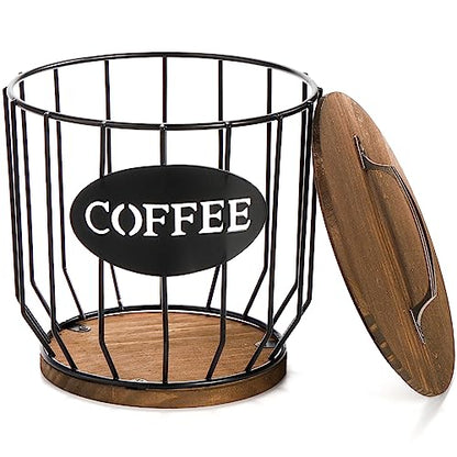 Coffee Pod Holder with Lid, Large Capacity K Cup Holder with Rustic Wooden Base, Black Wire Coffee Storage Basket for Kitchen Countertop, Cafe Bar Organizer