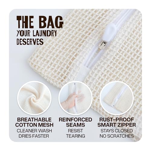 WoollyPals Large Cotton Mesh Laundry Bags (16" x 20") – 2-Pack with Drawstring Storage Pouch – Washer & Dryer Safe, Durable Zipper, Breathable Mesh for Clothes, Delicates, Underwear, Shoes & Lingerie