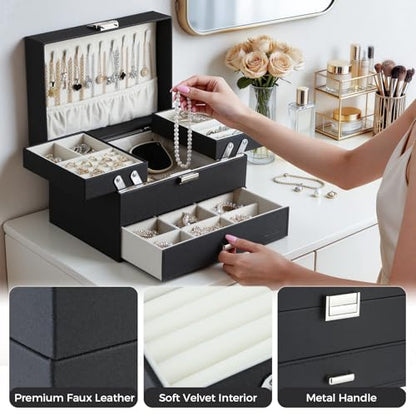 Jewelry Organizer Box, Large Jewelry Boxes for Women Girls, Space-Saving 3 Layers Jewelry Storage Case with Drawer, Movable Metal Stand, Modern, Gift Idea (Black)