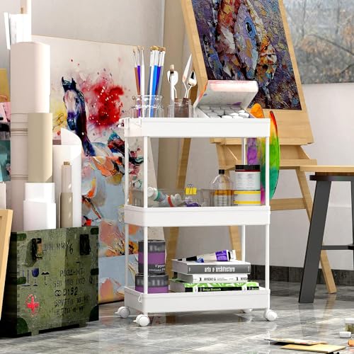 SPACEKEEPER 3 Tier Rolling Cart, Bathroom Cart Organizer with Wheels, White | Mobile Storage Cart for Laundry Room Organization,Kitchen,Office,Bathroom, Utility Cart for Snack,Craft,Art,Makeup,Nail,Toys