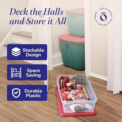 HOMZ 2-Pack Holiday Tote, Clear Plastic Storage Organizer Bins with Lids, 41 Quart, Red - Stackable Organizing Containers for Christmas Ornament Decorations, Gift Wraps, and Crafts