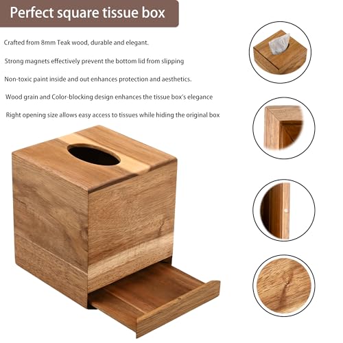Tissue Box Cover Square, Acacia Wood Tissue Box Holder with Slide-Out Bottom, Wooden Tissue Box Cover Cube for Bathroom, Bedroom, Dinner Table, 5.5 x 5.5 x 6.1 inches