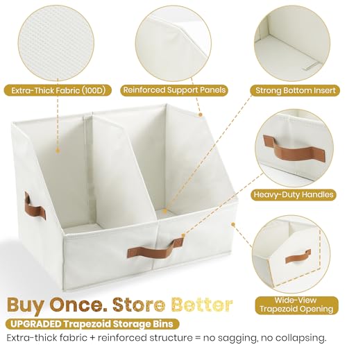 Closet Organizers And Storage - UPGRADED Trapezoid Storage Bin With Leather Handles & Adjustable Dividers, Fabric Collapsible Storage Bins For Clothes Storage & Shelf Organizer (3pcs, Small, Ivory)