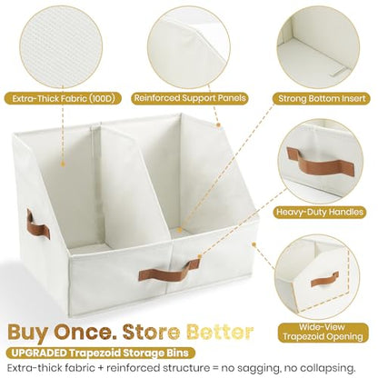 Closet Organizers And Storage - UPGRADED Trapezoid Storage Bin With Leather Handles & Adjustable Dividers, Fabric Collapsible Storage Bins For Clothes Storage & Shelf Organizer (3pcs, Small, Ivory)