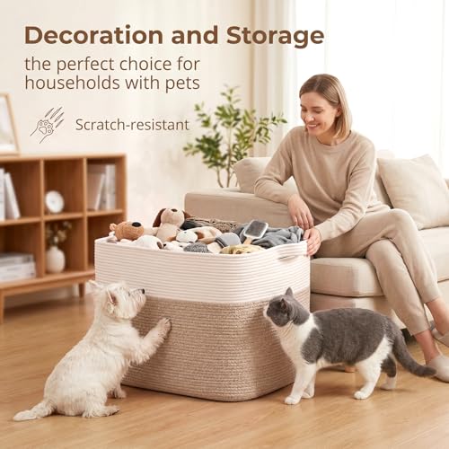 OIASKET 108L Cotton Rope Storage Basket for Living Room and Bedroom 25"x16"x16" Woven Laundry Basket, Heavy Duty Bin for Blankets, Pillows & Toys, Pet-Safe & Scratch-Free, Brown and White