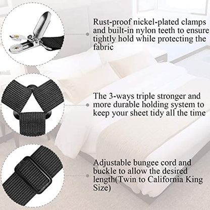 ZHOUBIN Bed Sheet Holder Straps, Adjustable Elastic Crisscross Bed Sheet Fastener Straps Grippers Suspenders for All Bed Sheets, Mattress Covers(2 Set/4Pcs, Black)