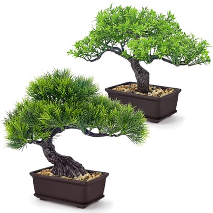 Der Rose 2Pcs Paired Fake Bonsai Tree Set Fake Plants for Shelf Desk Decor | 8" artificial bonsai tree set with varied canopies and pebble bases; paired display adds balance to home japanese asian decor