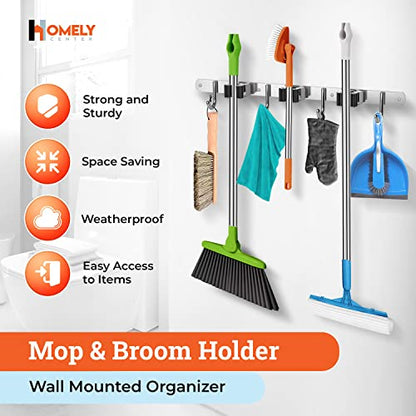 Homely Center Mop and Broom Holder Wall Mount – Heavy-Duty Closet Organizer for Garage, Kitchen, Laundry Organization – Tool Hanger with 3 racks and 4 hooks