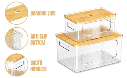 2 Pack Trash Bag Dispenser with Anti-Slip Pads (XL+S) - Stackable Garbage Bag Dispenser with Bamboo Lid and Anti-Slip Bottom, Laundry Room, Pantry, Under Sink Organizer and Storage