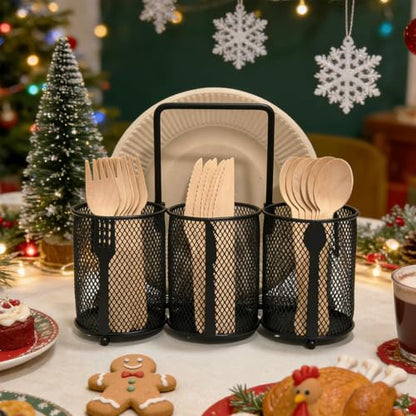 Silverware Organizer Utensil Caddy - 4 Compartment Metal Cutlery Holder Flatware Storage Basket Fork Spoon Napkin Paper Plate Kitchen Countertop Party Picnic Camping Buffet Outdoor (Black)