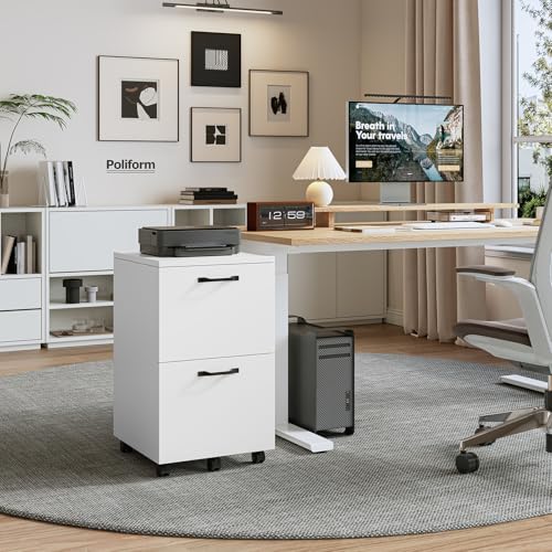 DUMOS 2 Drawer Filing Cabinet, Rolling Under Desk Storage, White | Not for Hanging Files, Printer Stand, Lockable Wheels, Mobile Wood Home Office Organizer