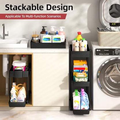 4-Pack 2-Tier Under Sink Organizer with Pull Out Drawers | Multi-use kitchen & bathroom storage. Includes hanging hooks and cups. Black, space-saving cabinet design.