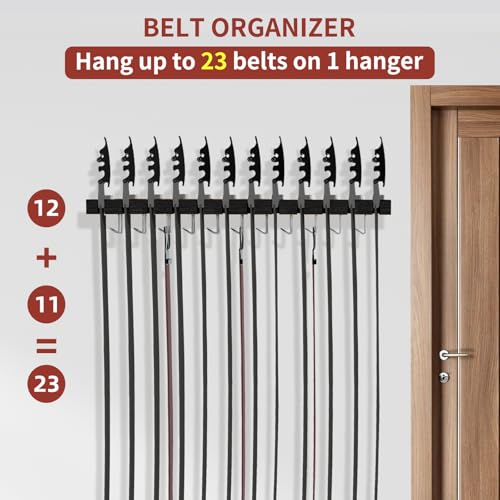 Belt Hanger for Closet Max 42 Belts, 12+11 Storage (Black) | 2-IN-1 Wall Mount Belt Organizer, 360°Rotating Hooks, Wooden Tie Rack for Closet Accessories Closet Organizer and Storage