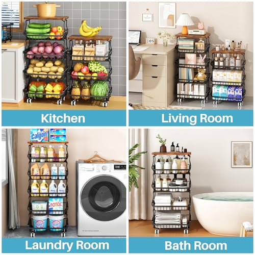 4 Tier Vegetable Fruit Basket for Kitchen, Stackable Metal Fruit and Vegetable Storage Baskets with Rolling Wheels Cart, Fruteros Para Cocina Potato and Onion Bin Pantry Kitchen Island Cart Counter