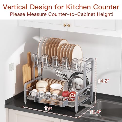 2 Tier Large Stainless Steel Dish Drying Rack for Kitchen Counter | Large Stainless Steel Dish Drain, Space Saving, Big Modern Silver Countertop Metal Plates Dryer Strainer and Extra Tray
