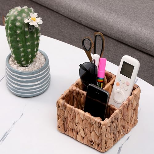 Hand Woven Wicker Remote Control Holder with 3 Compartments-Natural | Water Hyacinth Storage Basket,Cosmetic Storage Box for Desk,Home Organization