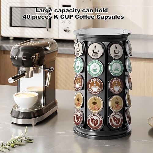 K Cup Holder, Coffee Pod Storage Carousel Stand Compatible with 40 Keurig K-Cup Pods, Home or Office Kitchen Counter Space-Saving Organizer (Black)