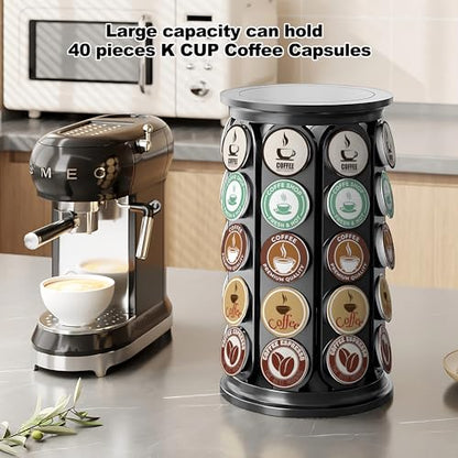 K Cup Holder, Coffee Pod Storage Carousel Stand Compatible with 40 Keurig K-Cup Pods, Home or Office Kitchen Counter Space-Saving Organizer (Black)