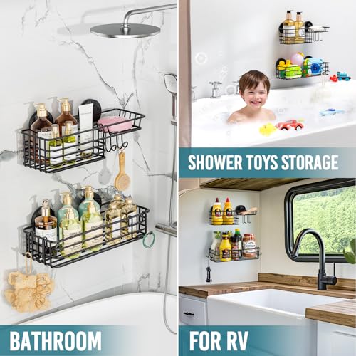 TAILI Shower Caddy Suction Cup 2 Pack with Hooks & Soap holder, Black | Heavy Duty Shower Organizer, No Drilling Bathroom Organizer, Metal Storage Basket