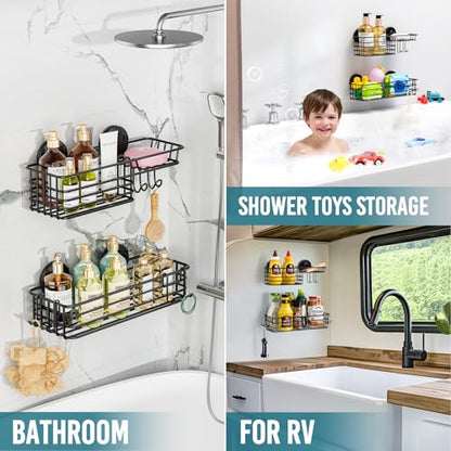 TAILI Shower Caddy Suction Cup 2 Pack with Hooks & Soap holder, Black | Heavy Duty Shower Organizer, No Drilling Bathroom Organizer, Metal Storage Basket