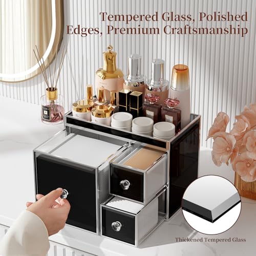 CoralHouse Face Towel Holder with 3 Drawers for Bathroom, Smoky Gray | Smoky gray tempered glass, 3 drawers and raised-edge top for disposable face towels, cotton pads, swabs and skincare