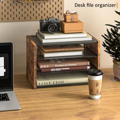 DAOUTIME 3-Tier Paper Letter Tray, Wooden Desk File Organizer, Stackable Metal Mesh Desk Organizer for Office Supplies. Small Paper Trays for Home Office School, Rustic Brown