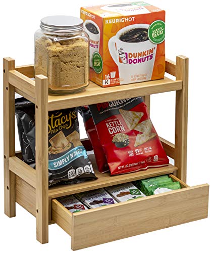 Sorbus 2-Tier Bamboo Countertop Shelf with Hidden Drawer for Vanity, Matcha Shelf, Bathroom Storage Cabinet, Under Sink Organizer, Bathroom Storage, Matcha Station Shelf (13″ L x 6.5″ W x 12.6″ H)