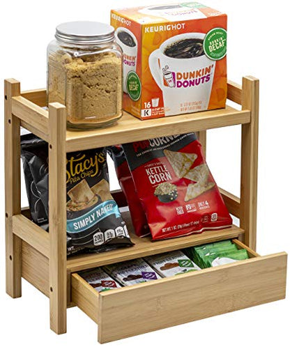 Sorbus 2-Tier Bamboo Countertop Shelf with Hidden Drawer for Vanity, Matcha Shelf, Bathroom Storage Cabinet, Under Sink Organizer, Bathroom Storage, Matcha Station Shelf (13″ L x 6.5″ W x 12.6″ H)