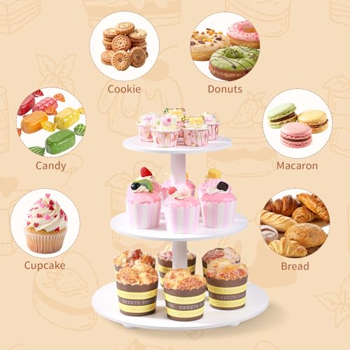 Weselljars 3-Tier Wooden Cupcake Stand:14in White Round Tiered Cake Stand,Dessert Display Stand for 33 Cupcakes,Easy to Assemble and with Instruction,Cupcake Tower for Wedding/Party/Birthday/Decor
