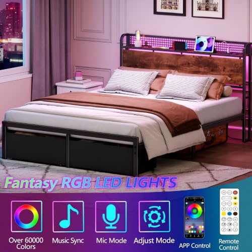 Queen Bed Frame with Headboard Storage, Charging Station, Drawers