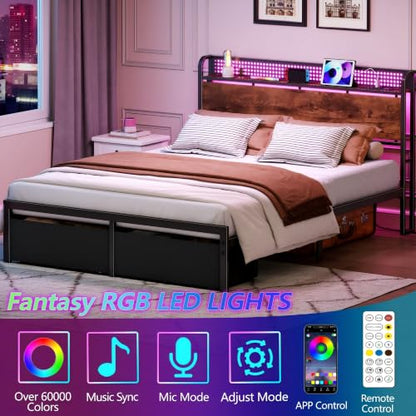 Queen Bed Frame with Headboard Storage, Charging Station, Drawers