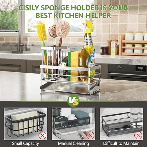 Sink Caddy Sponge Holder for Kitchen with Brush Holder and Stainless Steel Self Drain Tray, Rustproof Kitchen Sink Organizer for Sponge, Soap Dispenser Storage Accessories