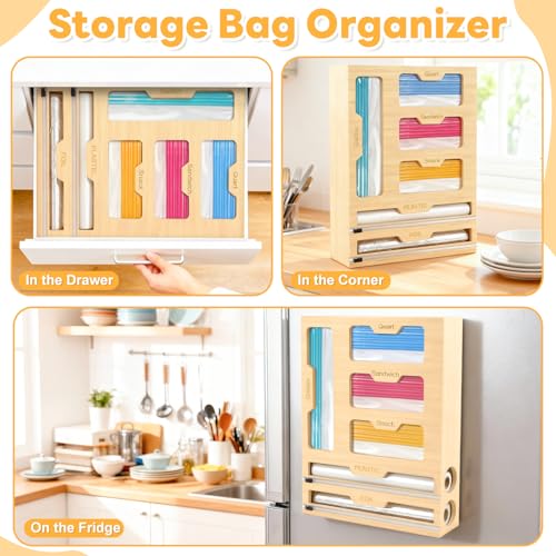 Magnetic Storage Bag Organizer 6 In 1 Ziplock Bag Organizer for Fridge and Drawer, Foil and Plastic Wrap Organizers with Cutter, Food Storage Bags Organizers for Gallon Quart Sandwich Snack